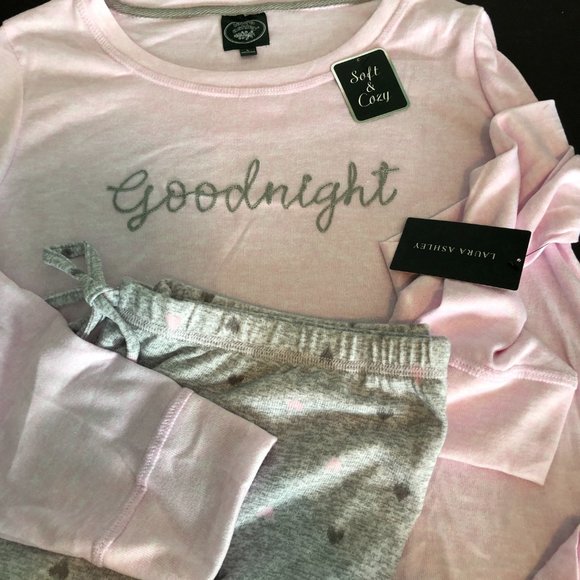 LAURA ASHLEY 2 Pc Valentine "Goodnight" Pink/Gray Pajamas - Picture 1 of 7